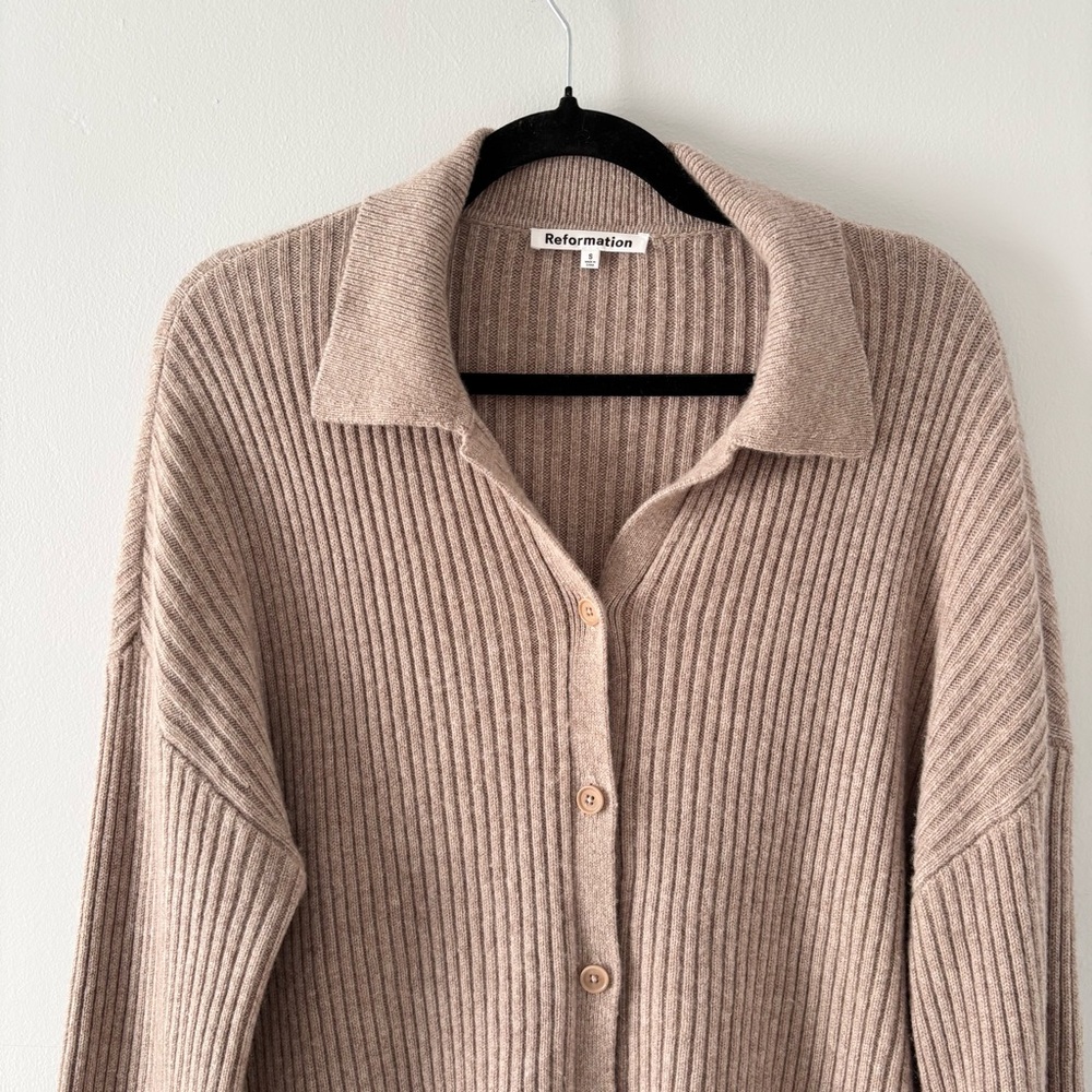 Reformation Ribbed Button-Down Cardigan in Beige - Picture 3 of 7